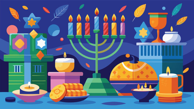 Hanukkah celebration with menorah candles sufganiyot and dreidels in festive flat design style