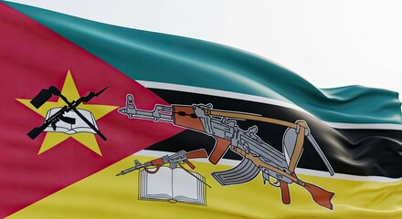 Obraz premium Flag of Mozambique with Military Weapons and Symbols