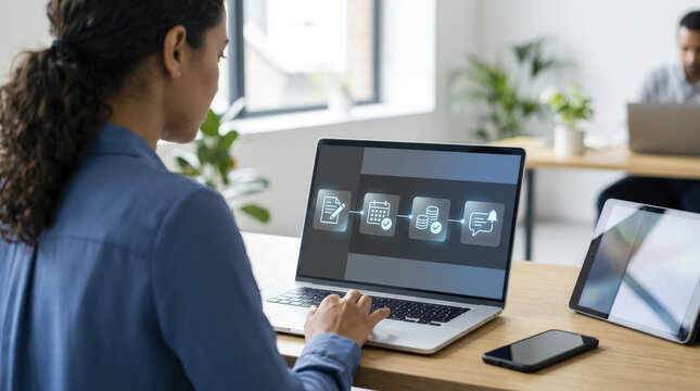 Woman optimizing business processes on a laptop with workflow automation icons for efficient administrative tasks.