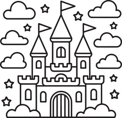 Fototapeta premium Fairytale castle with stars and clouds in black and white line for coloring book des