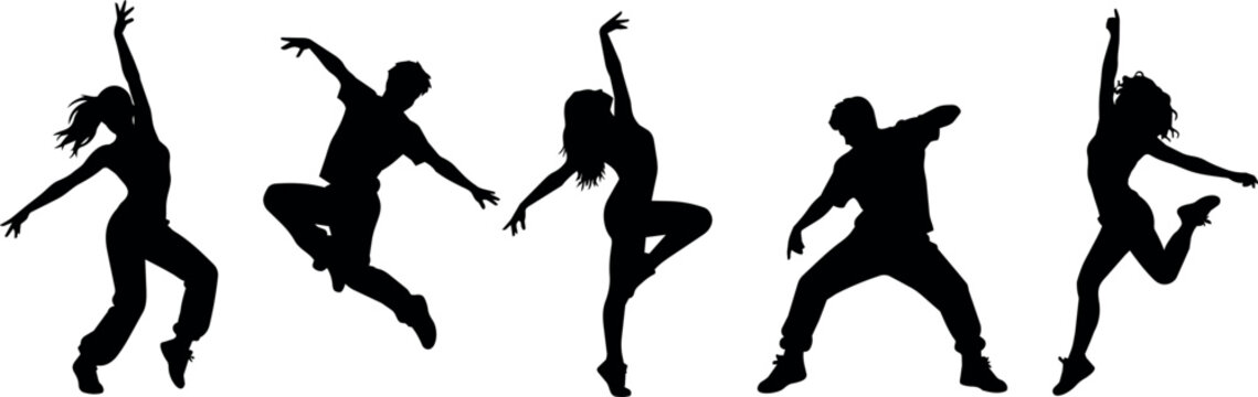 Diverse group of dancers in dynamic poses, capturing movement and energy