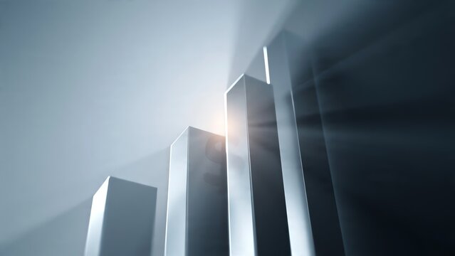 Abstract visualization of ascending metallic pillars symbolizing business growth, future success, and technological advancement with an inspiring glowing light effect