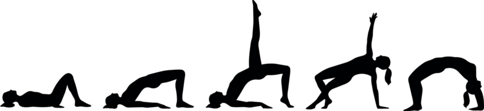 Sequence of five yoga poses demonstrated by black silhouettes on white background