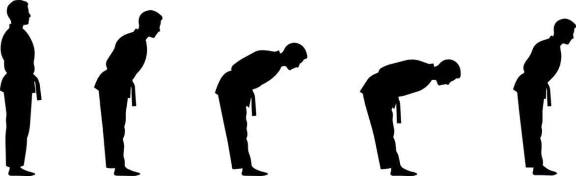 Martial arts silhouettes showing progression of a bow from standing to deep bend