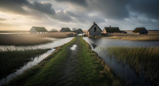 Narrow green path leading to rustic cabins in flooded marshlands