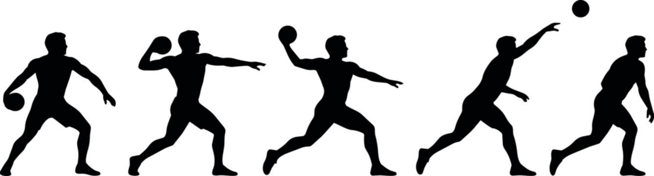 Sequence of silhouettes showing a man throwing a ball in a sports action