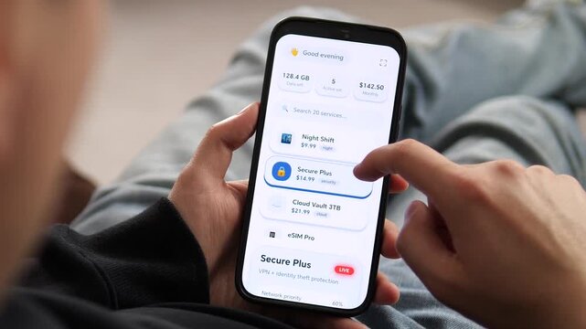 Viewing a mobile service dashboard on a smartphone. The screen displays data usage, active services, and a monthly cost summary. Perfect for telecom apps, data management, and digital service visuals