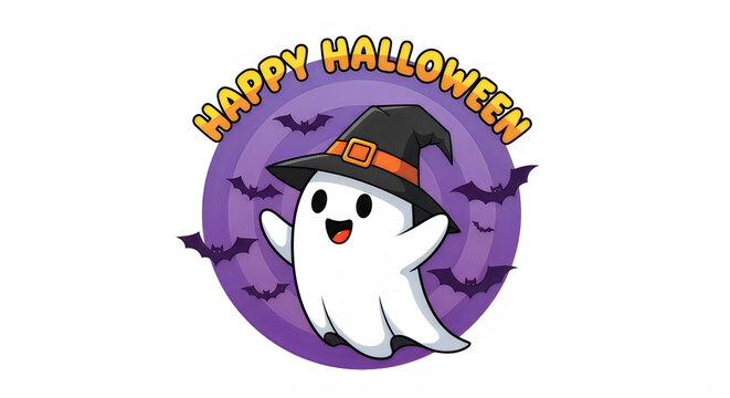 Happy halloween cartoon ghost with witch hat bats and text isolated on transparent background