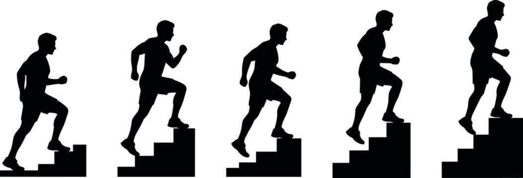 Silhouettes of men running up stairs in sequence, representing progress and fitness