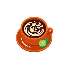 Coffee cup with latte art, lime and mint on saucer, isolated © Muhamad