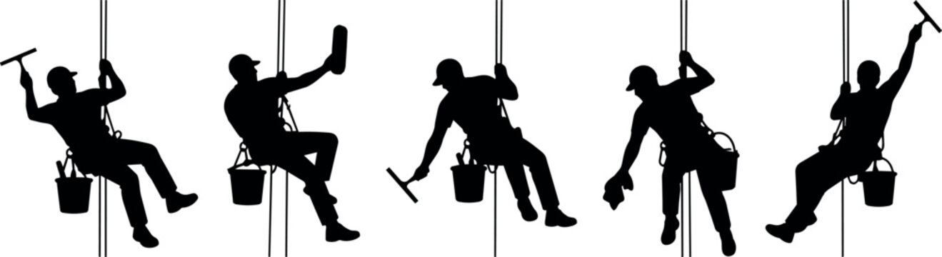 Silhouettes of window cleaners rappelling down a building with tools and buckets