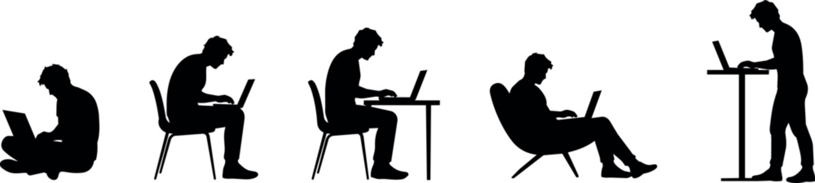 Diverse silhouettes of a person using a laptop in various positions