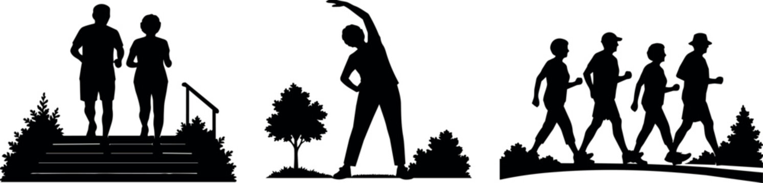 Diverse group of people engaging in outdoor fitness activities and exercise