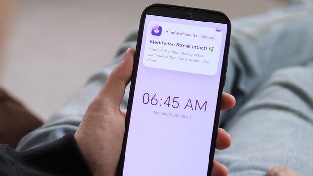 Viewing a lock screen notification that says Meditation Streak Intact. The purple screen celebrates 30 days of unbroken mindfulness practice. Perfect for wellness apps, habit tracking, and mental