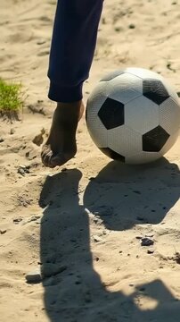 Vertical video: Practicing barefoot kid in navy pants tapping soccer ball on sand, casting shadows
