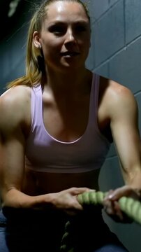 Vertical video: Starting from squat, woman in sports bra pulling battle rope in gym, training core