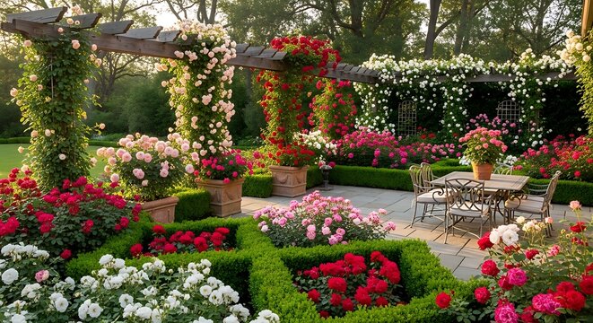 A vibrant and meticulously designed rose garden featuring a variety of colorful blooms, climbing roses on pergolas, manicured hedges, and a charming patio area.