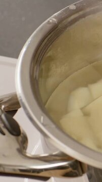 Vertical video: Hand entering frame sprinkling pepper into steel pot on burner, seasoning potatoes