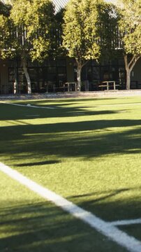 Vertical video: Panning camera up across turf corner, revealing white line, tree shadows, building