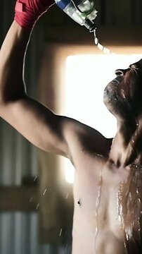 Vertical video: Raising bottle shirtless man pouring water over chest at gym cooling with red wraps