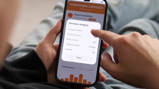 a user reviewing a verified campaigns progress. The interface shows 65 percent achieved, weekly growth, and a daily donations bar chart. Ideal for illustrating charity management, donor engagement