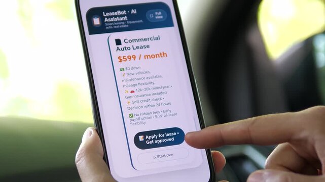 a user reviewing lease terms on a mobile app. The interface highlights gap insurance, soft credit check, and no hidden fees. Ideal for illustrating vehicle leasing, financial transparency, and digital