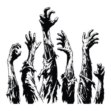 Zombie Hands Rising, Creepy Monster Arms Black and White Illustration