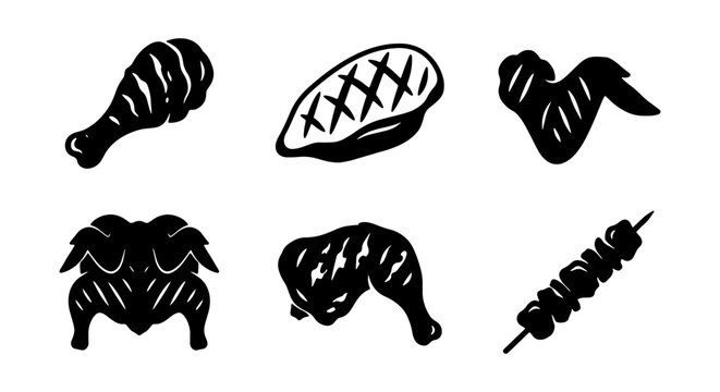 Grilled Chicken Icons, BBQ Meat Vector Set, Food Graphics