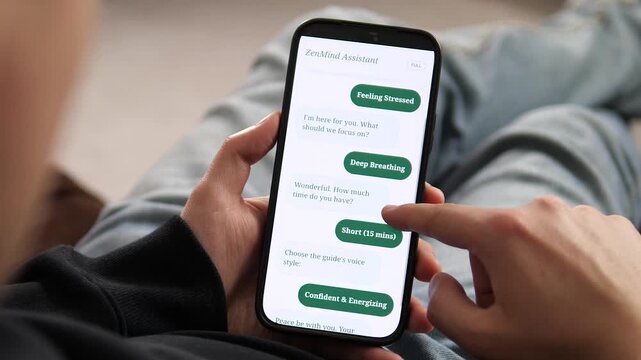 a user customizing their meditation experience with AI guidance. The interface selects Confident and Energizing voice style and prepares a personalized session. Ideal for illustrating self-care