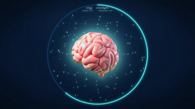 3D human brain rotating inside glowing orbital ring with particles in futuristic AI visualization