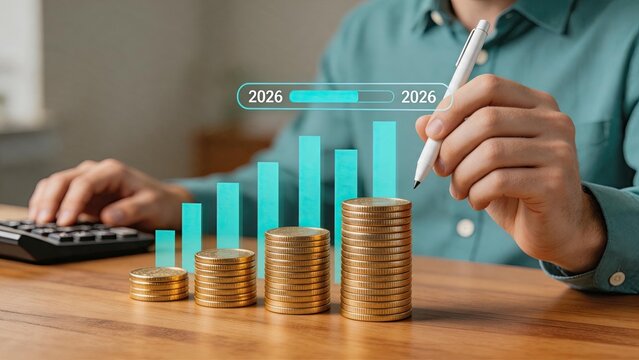 Person calculating finances with calculator and stacking gold coins next to rising bar chart, financial growth investment savings and wealth accumulation concept for future