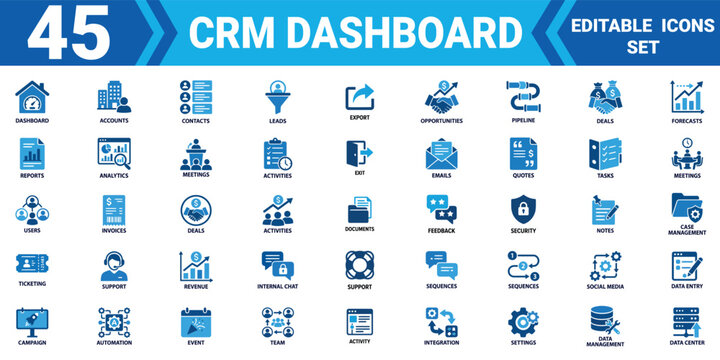 Solid crm dashboard icon set 45 editable vector illustration mega pack