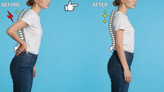 Posture correction before and after comparison showing spine alignment improvement, woman standing straight with healthy back versus slouching with pain relief illustration for