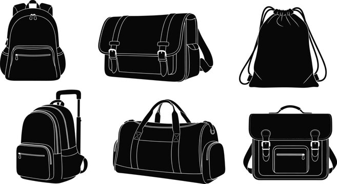 Backpacks, duffel bags, travel luggage, messenger satchels, drawstring gym bags, school backpacks, fashion accessories, vector illustration