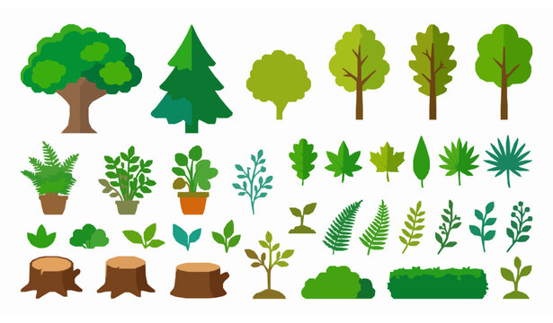 Flat design nature elements vector set with trees plants leaves stumps and seedlings