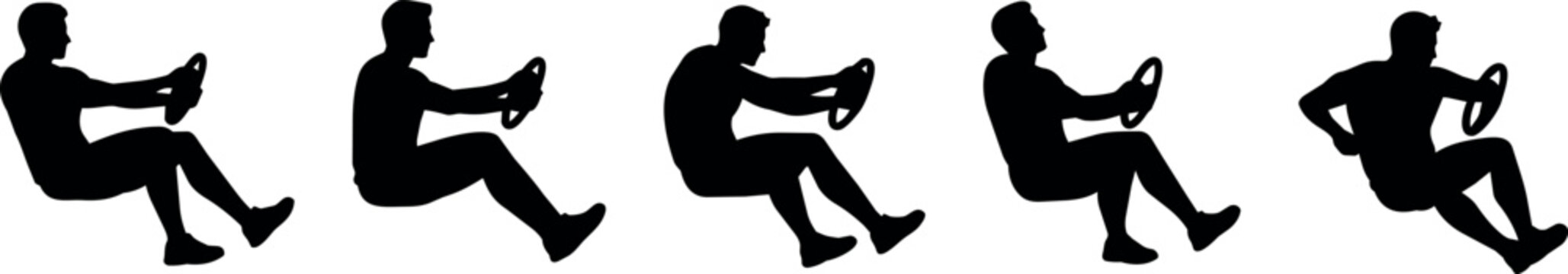 Silhouettes of a person driving a car, shown in sequence