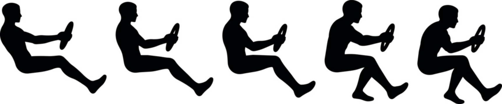 Silhouettes of five people driving, each with a different posture and grip
