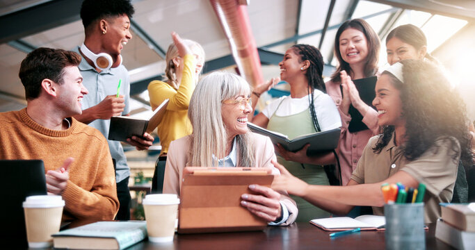 Celebration, education and teacher with students in library for applause, high five or success. Learning, tablet and university with excited people on college campus together for goals or target