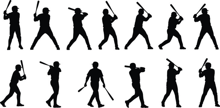 Baseball swing silhouette icon set with 12 black figures showing sequential batting stances and motions