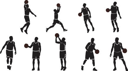 Basketball player silhouettes, men athletes dribbling dunking shooting ball, sports action poses, vector illustration © MstRubi