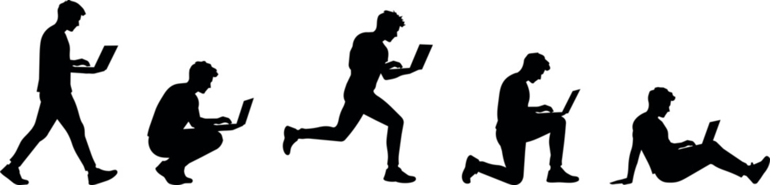 Silhouettes of men using laptops in various dynamic poses