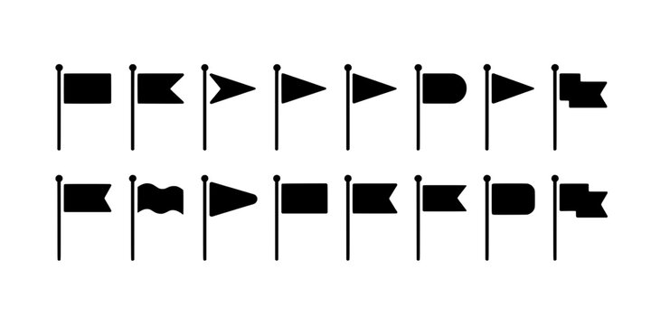 Flags Set with Various Shapes and Styles on Poles Featuring Black, White, Design with Symbols and Icons Elements for Vector, Illustration Projects,
