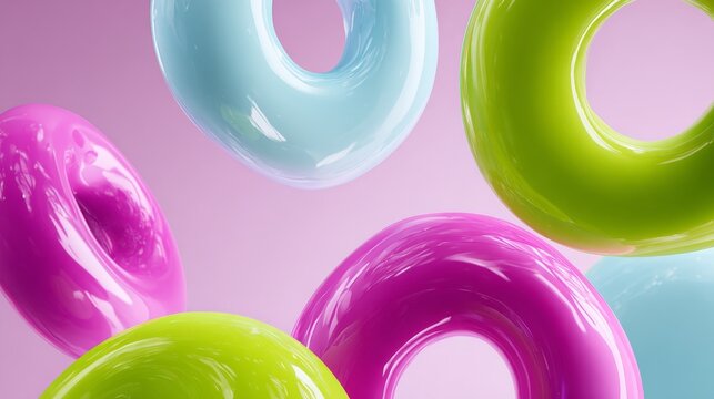 Colorful glossy torus shapes floating on pink background