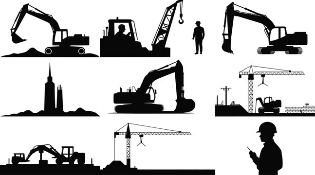 Construction Equipment Silhouette Collection Featuring Excavators Cranes Bulldozers and Industrial Worksite Machinery Icons