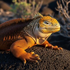 Fototapeta premium Portrait of a colorful land iguana resting on dark volcanic rock