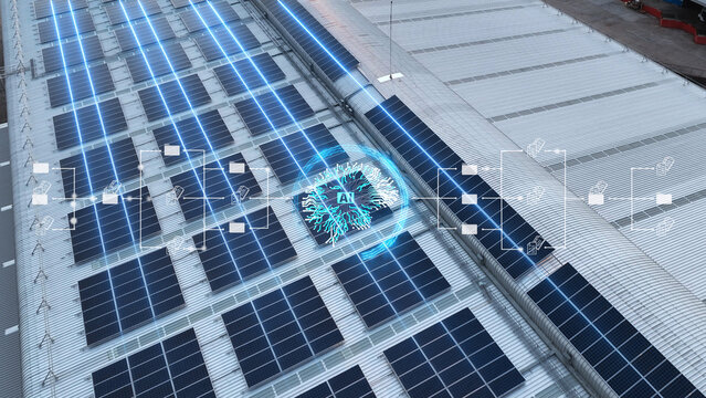 Glowing AI brain and digital data flow overlaid on industrial solar panels. Concept of powering artificial intelligence and meeting the high energy demand of big data with sustainable renewable energy