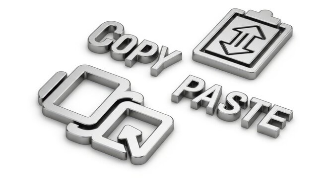 3D copy paste icons, metallic buttons, computer symbols