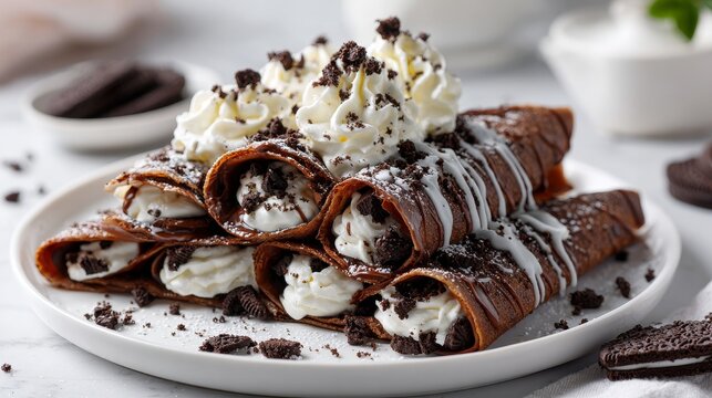Chocolate crepes rolled and filled with cream on plate