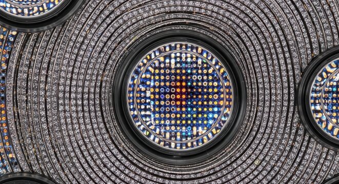 Mosaic ceiling details, colorful stained glass, architectural ornamentation