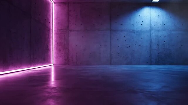 Empty concrete room with purple neon light strip and blue spotlight in dark futuristic interior